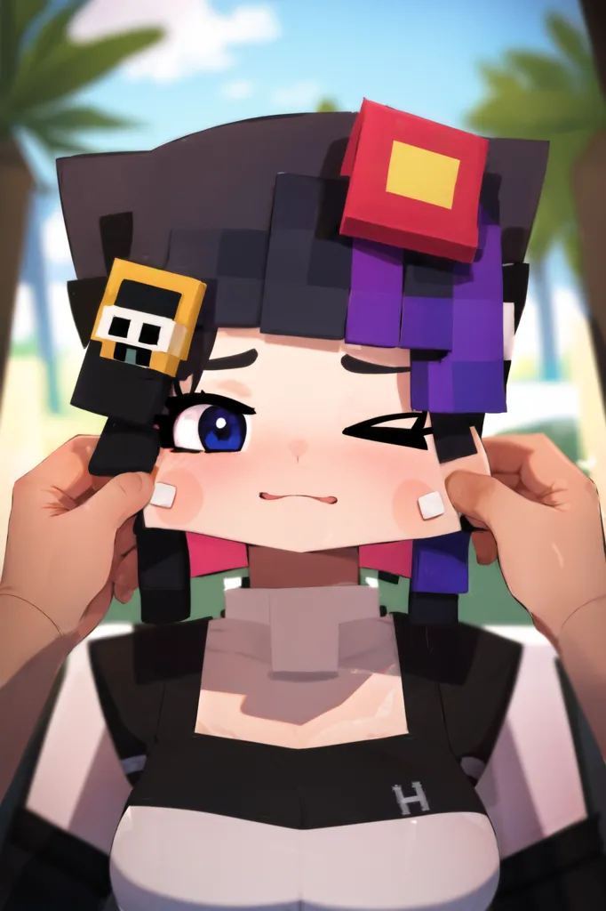 The image is of a 3D anime-style girl with cat ears. She has black and purple hair and blue eyes. She is wearing a white shirt with a black jacket. The girl is being held by the cheeks by two hands. The background is blurred but looks like a tropical setting.