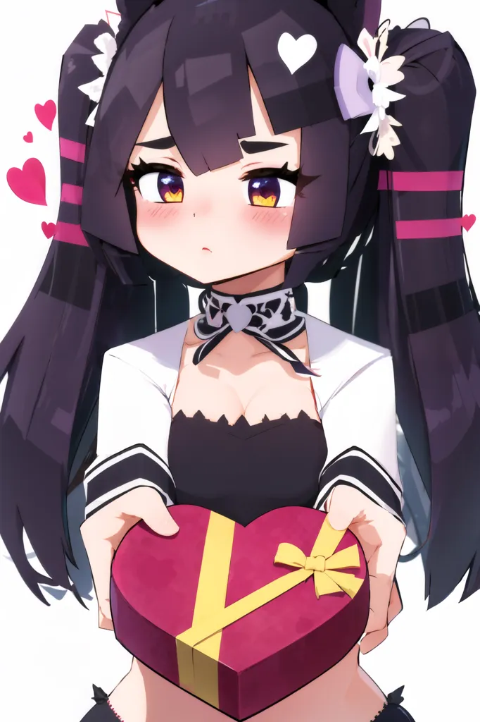 The image shows an anime-style girl with long black hair and pink eyes. She is wearing a white and black dress with a red bow. She is holding a heart-shaped box with a yellow ribbon. The background is white with pink hearts.