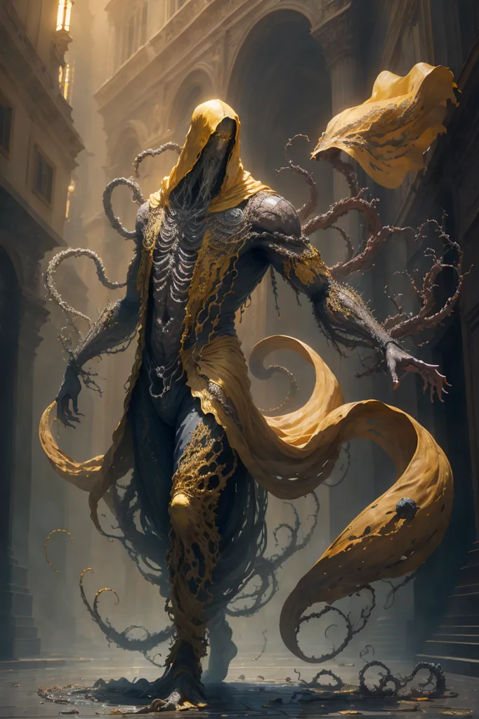 The image is of a tall, thin creature with a yellow cloak. The creature's face is hidden by a hood, and its body is covered in strange, writhing tentacles. The creature is standing in a dark, gloomy city, and it is surrounded by a thick fog. The creature's eyes are glowing red, and it has a sinister expression on its face.