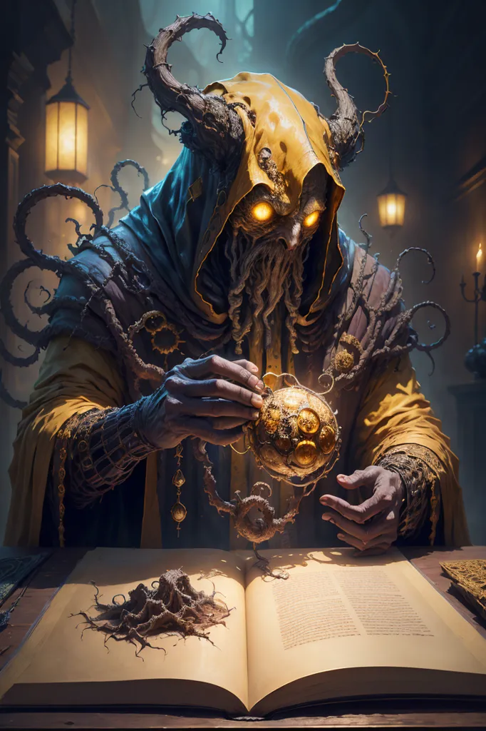 The image is of a powerful lich. He is wearing a black robe with yellow trim and has a yellow hood. His face is a skull with glowing white eyes. He is surrounded by books and scrolls and is holding a strange glowing orb. The background is a dark room with a stone floor and wooden beams on the ceiling.