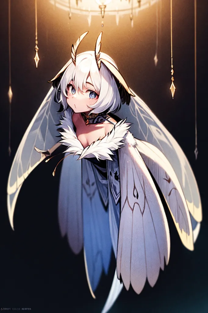 The image shows an anime-style girl with white hair and moth wings. She is wearing a white dress with a fur collar. She is standing in front of a dark background with a glowing light above her.