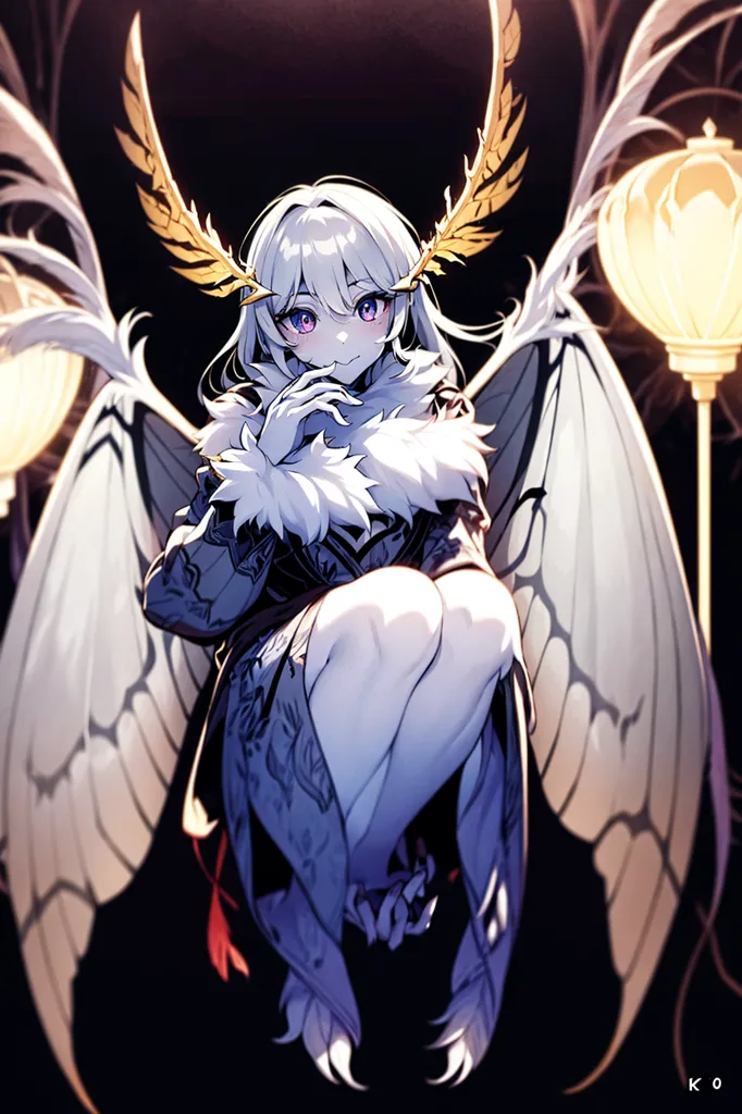 The image is of a beautiful anime girl with long white hair and purple eyes. She is wearing a black and white kimono with a white fur collar. She has moth-like wings and antennae, and is sitting on a rock in a dark forest. There are two lanterns in the background.