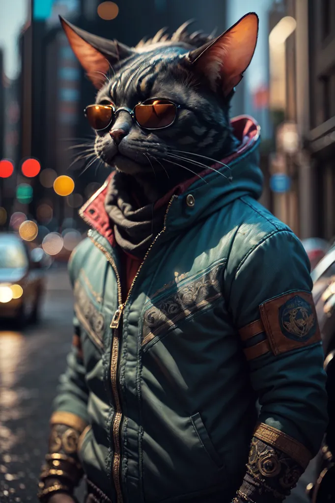 This is an image of a cat wearing a black leather jacket and sunglasses. The cat is standing in front of a blurred city background. The cat has its ears perked up and is looking at the camera.