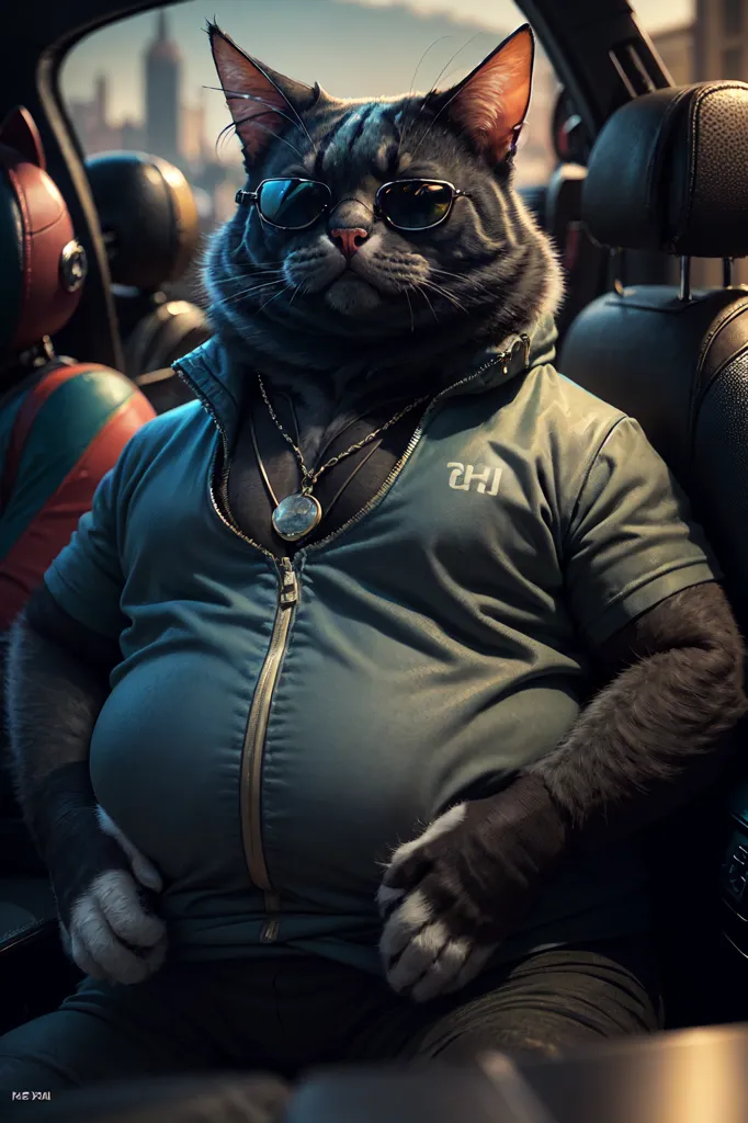 This is an image of a cat in a car. The cat is wearing sunglasses, a gold necklace, and a blue and black tracksuit. It is sitting in the driver's seat and has its paw on the steering wheel. The cat is looking at the camera. The car is black and has a red interior. The background is a blurred city.