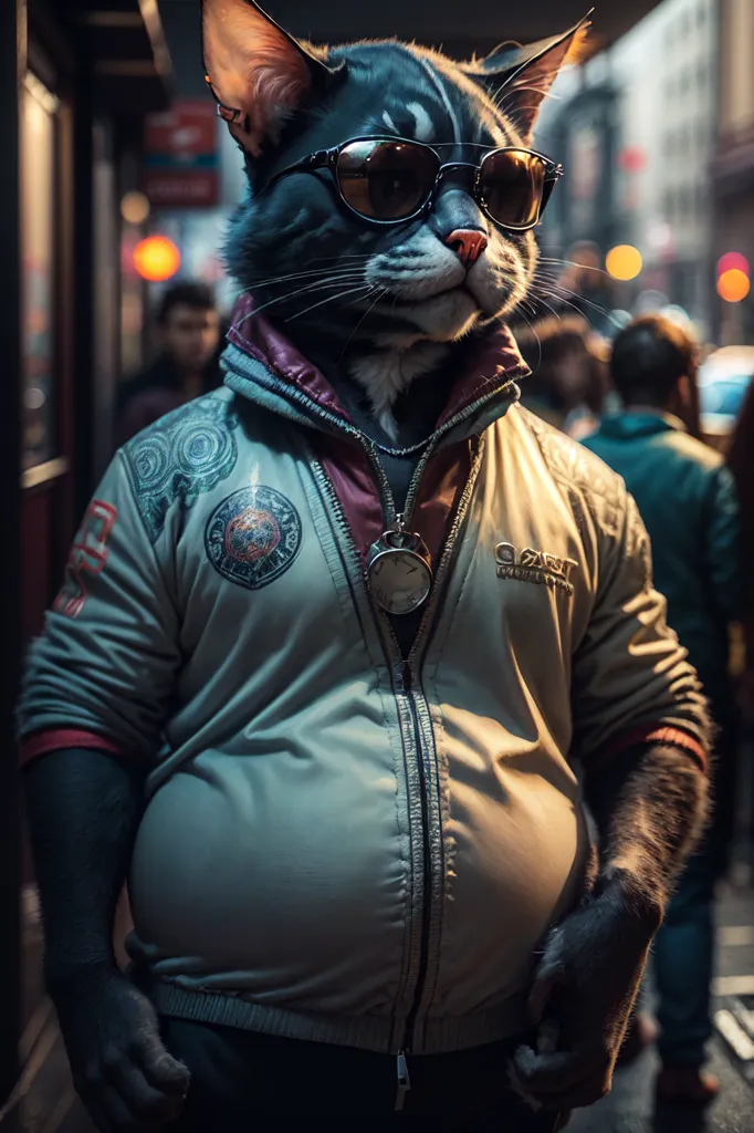 This image shows a cat wearing sunglasses, a black and red jacket, and a gold necklace with a clock pendant. The cat has its front paws in its jacket pockets and is looking at the camera. The background is blurred and shows people walking on a city street.