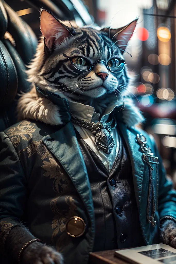 La imagen muestra un gato con traje y gafas. El gato está sentado en una silla y mirando a la cámara. El gato lleva un traje azul con una camisa blanca y una corbata dorada. El gato también lleva un par de gafas. El gato está sentado en una silla de cuero frente a una ventana. La ventana muestra un fondo borroso de la ciudad con luces de bokeh.