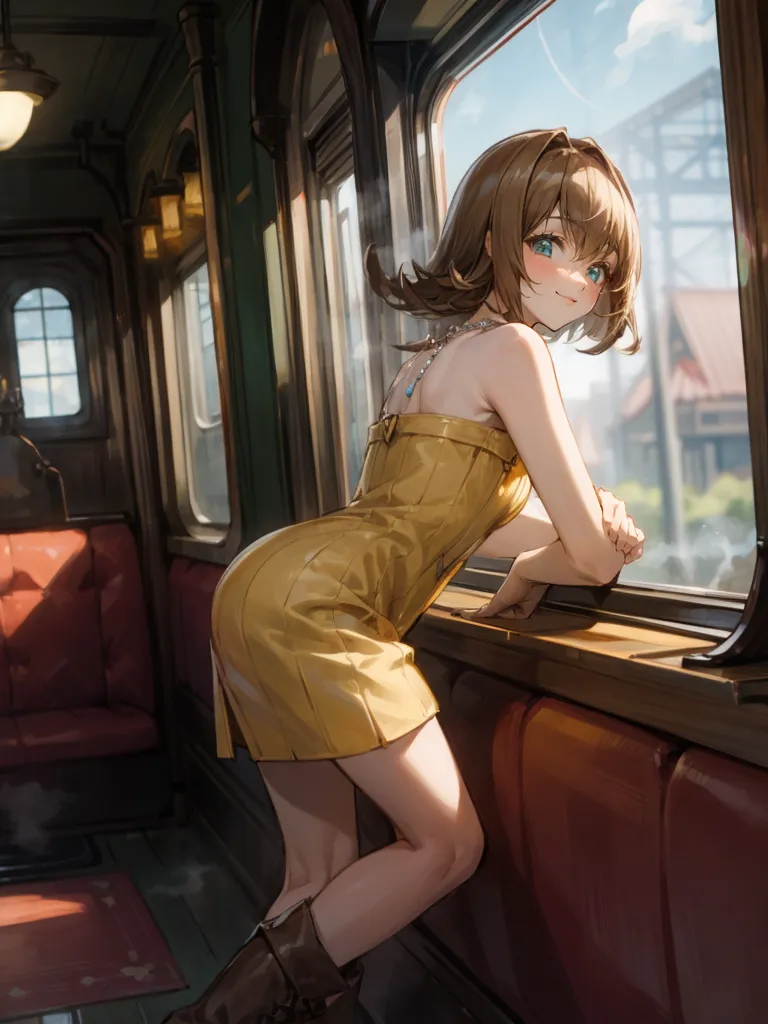 A young woman is standing in a train car, looking out the window. She is wearing a yellow dress and brown boots. She has short brown hair and blue eyes. She is smiling and has a slight blush on her cheeks. The train car is old and has wooden seats and windows. The background outside the window is a cityscape with tall buildings and a river.