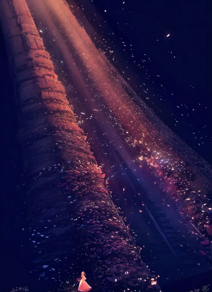 The image is a digital painting of a girl standing in a dark forest. The forest is made up of tall, slender trees with no leaves. The only light comes from a few small, glowing mushrooms on the ground, and from a bright beam of light shining down from the sky. The girl is wearing a long, flowing dress and has long, flowing hair. She is standing in the middle of a path, and there are flowers growing on either side of her. The image is very peaceful and serene.