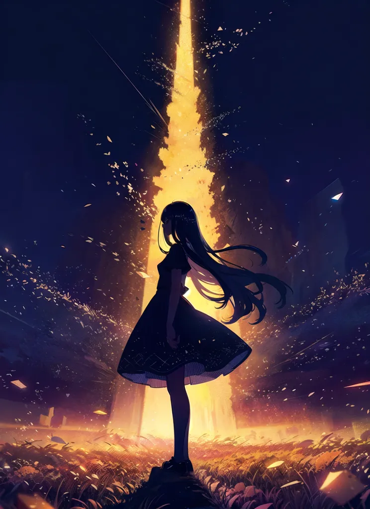 The image is a digital painting of a girl standing in a field of grass. The girl is wearing a black dress and has long black hair. She is looking up at a bright light in the sky. The light is surrounded by falling debris. The background is dark and there are no other people in the image.