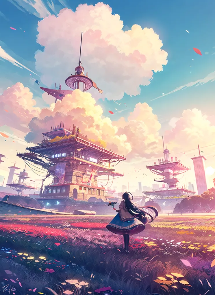 A imagem é de uma menina em pé em um campo de flores, olhando para uma cidade futurista ao longe. A cidade é composta por edifícios e torres altos, e há navios aéreos voando ao redor. O céu está azul e nublado, e o sol está brilhando. A menina está usando um vestido azul e tem cabelos pretos longos. Ela está segurando uma flor na mão. A imagem é muito colorida e tem muitos detalhes.