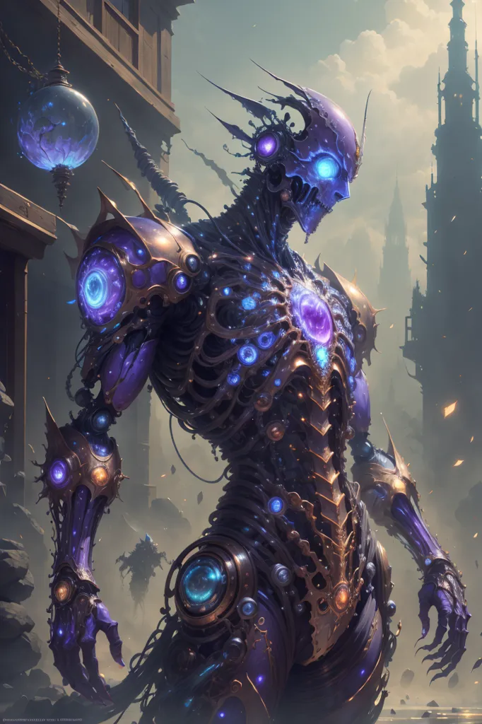 The image is of a tall, muscular, purple robot with glowing blue eyes and a glowing blue orb in its chest. It is wearing a suit of black and gold armor and has a large, metal claw for a right hand. The robot is standing in a ruined city, surrounded by debris. There are two large buildings in the background and a large tower in the distance. The sky is dark and cloudy.