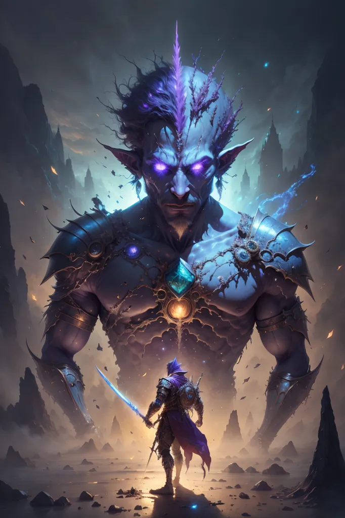 The image is a dark fantasy illustration of a battle between a human and a demon. The human is a young man with short brown hair and a beard. He is wearing a blue shirt and brown pants. He is holding a sword in his right hand. The demon is a large, muscular creature with blue skin and purple hair. He has horns on his head and wings on his back. He is wearing a loincloth and is holding a large axe in his right hand. The two are standing in a rocky field with a mountain in the background.