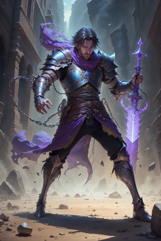 The image shows a man standing in a ruined city. He is wearing armor and a purple cloak. He is holding a sword in his right hand. The sword is glowing purple. There are ruins of buildings in the background.