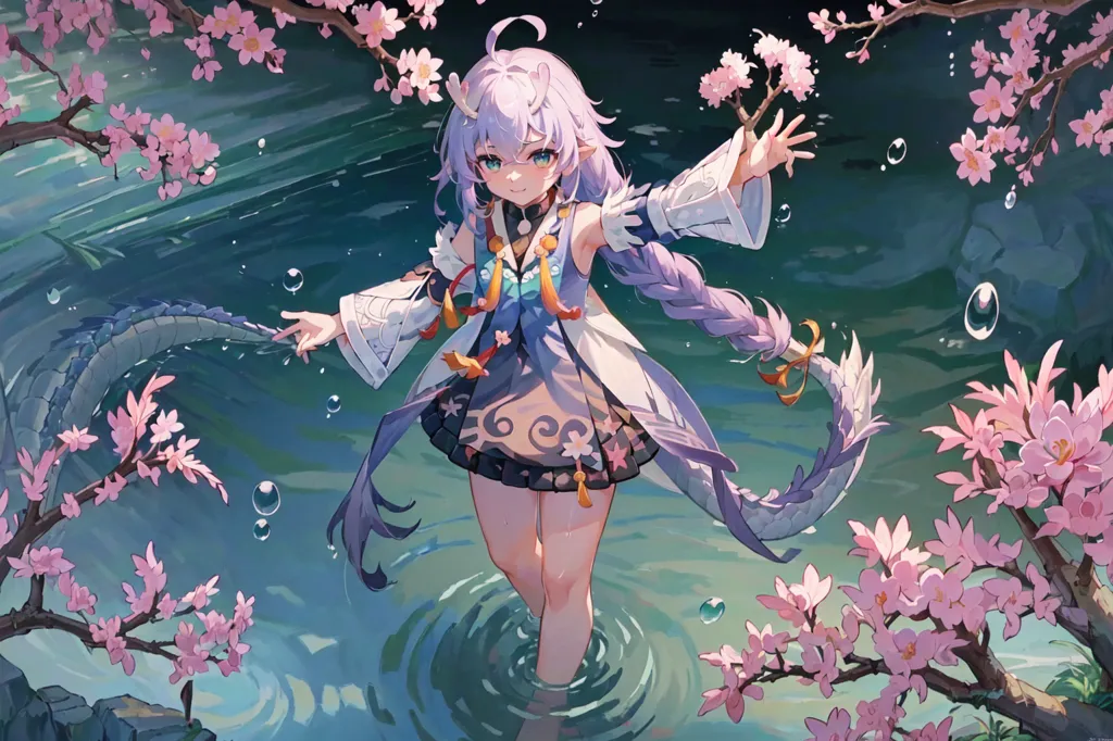 The image is of a young girl with purple hair and blue eyes. She is wearing a white and blue dress with a pink skirt. She is standing in a river with a rocky bank. The river is surrounded by cherry blossom trees. The girl is smiling and has her arms outstretched. There are bubbles floating around her.