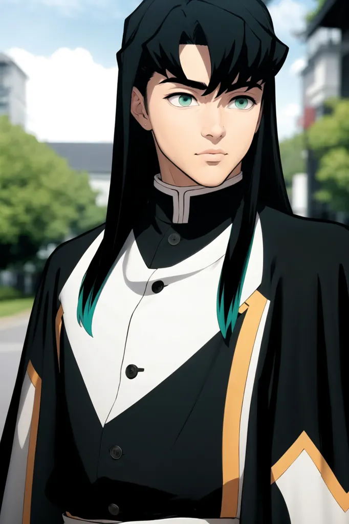 The image shows a young man with long black hair and green eyes. He is wearing a black gakuran with a white collar and gold buttons. The gakuran has yellow and teal accents. He is also wearing a white haori with a black and teal geometric pattern. The haori has a hood with a yellow interior. The man is standing in a street with trees and buildings in the background. The sky is blue and there are white clouds.