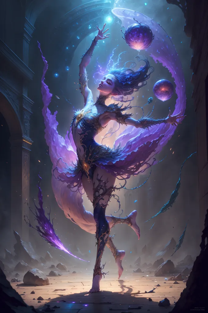 The image is of a beautiful woman with long, flowing purple hair. She is wearing a purple and blue leotard and is barefoot. She is standing in a dark, ruined temple, with large stone columns and debris scattered around. There are several glowing blue and purple orbs floating around her, and she appears to be using her magic to control them. She is looking at the viewer with a confident expression on her face.