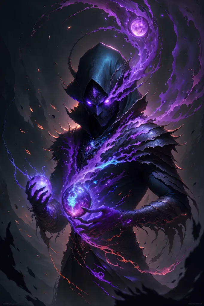 The image is of a dark figure with a purple glow around it. The figure is wearing a black robe with a hood and has its face obscured by a mask. It is surrounded by purple energy and there are two purple orbs floating in front of it. The figure is standing in a dark void with a purple mist swirling around it.