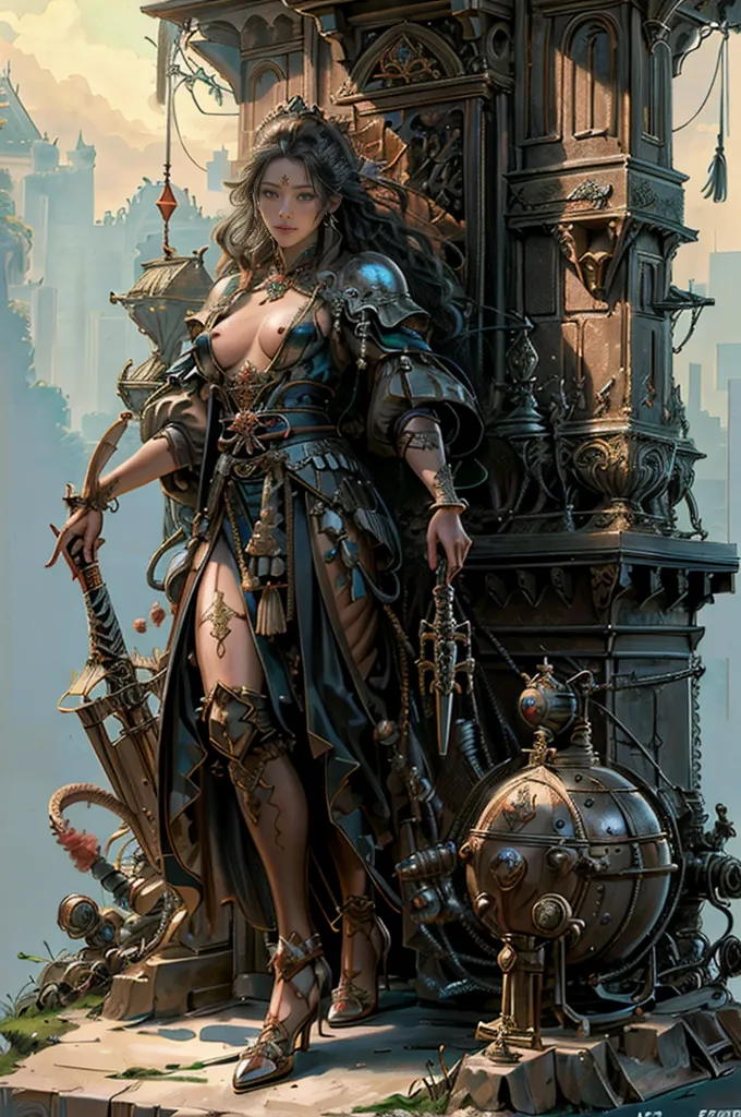 The image is of a beautiful woman standing in front of a steampunk structure. She is wearing a blue and brown dress with a white camisole. She is also wearing a pair of brown boots and a brown belt. She has a sword in her right hand and a dagger in her left hand. She is standing on a platform and there are a number of steampunk gadgets around her. In the background, there is a city with tall buildings and airships flying around.
