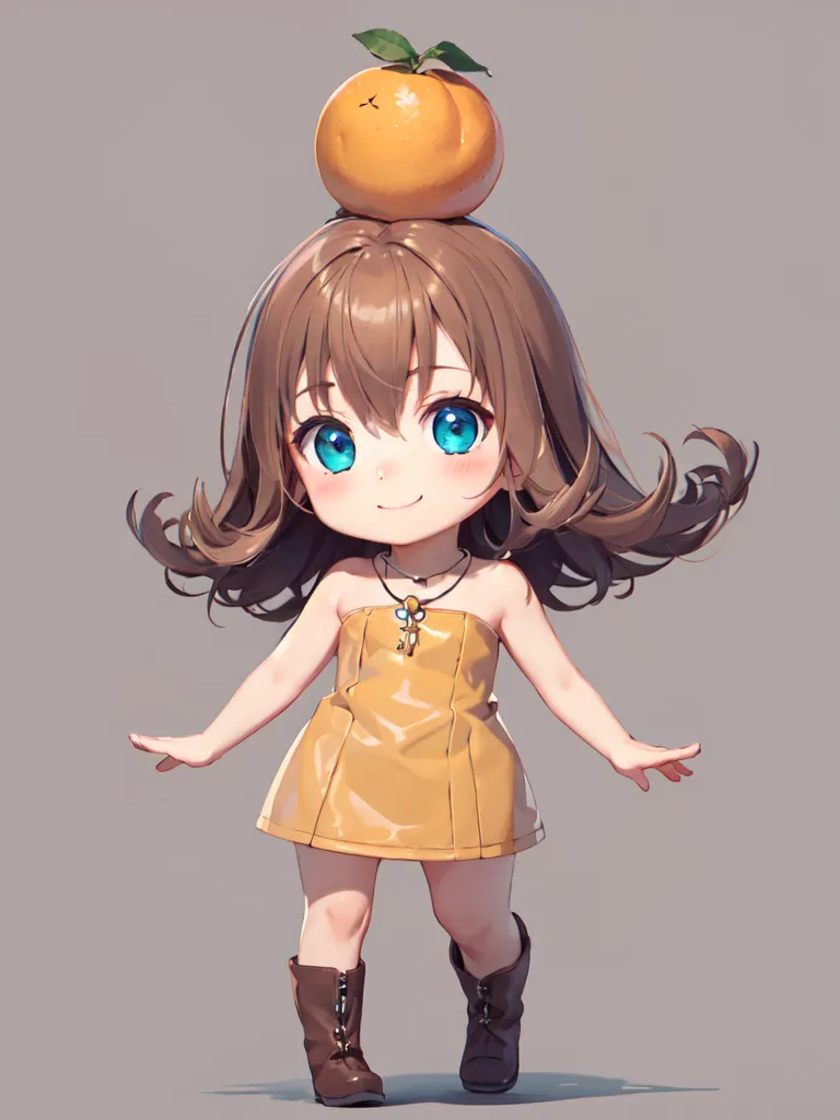 The image is a drawing of a chibi character. She has brown hair and blue eyes, and is wearing a yellow dress and brown boots. She has a tangerine on her head. The background is a solid light gray.