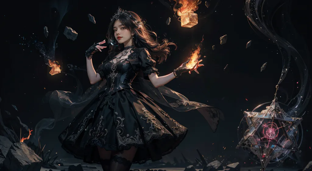 The image is of a woman in a black dress with long brown hair. She is standing in a dark place with a dark background. She has a serious look on her face and is looking at the viewer. She is wearing a black choker and has black gloves on. She is holding a small fire in her right hand and there are small rocks floating around her. She is also wearing a black crown.