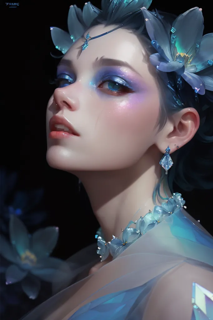 The picture shows a beautiful woman with blue hair and blue eyes. She is wearing a white dress with a blue sash and a necklace made of blue flowers. Her hair is decorated with blue flowers and she is wearing blue earrings. The background is dark blue. The woman's skin is very fair and flawless. Her eyes are bright blue and her lips are a soft pink. She is looking at the viewer with a serene expression.