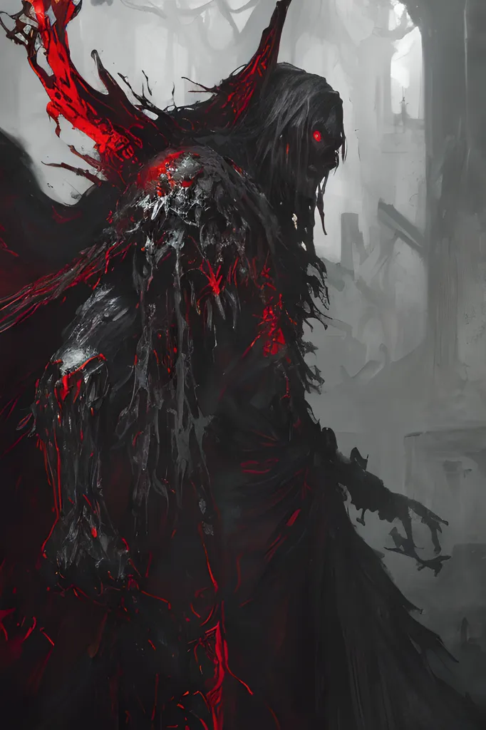 The image is of a tall, thin creature with long, black hair and red eyes. Its skin is pale and covered in a strange, black substance. It is wearing a long, black cloak and has a pair of large, black wings. The creature is standing in a dark forest, surrounded by tall trees. The ground is covered in a thick layer of leaves and there is a faint mist in the air. The creature is looking at the viewer with a cold, expressionless stare.