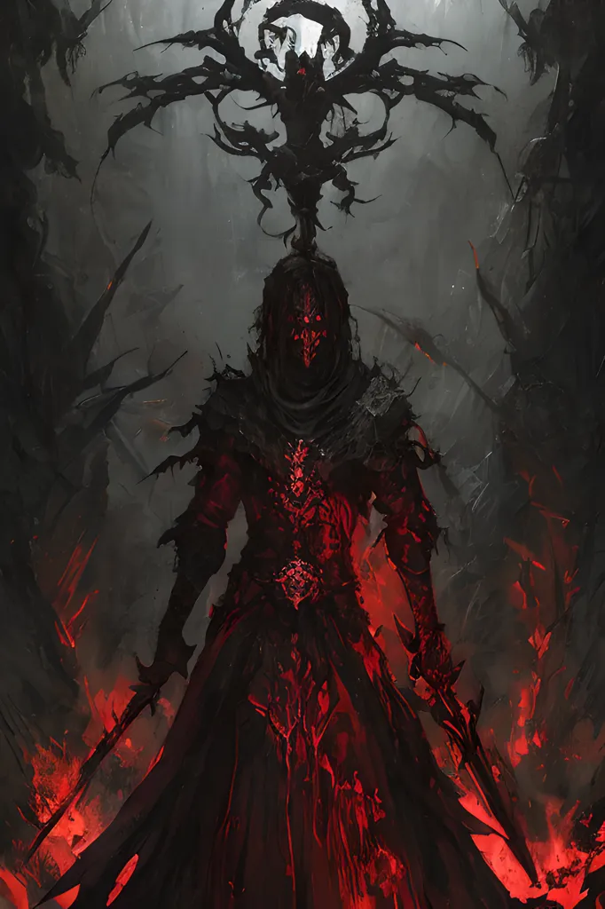 The image is of a dark figure with a red aura. The figure is wearing a black cloak and a mask, and is holding two swords. The background is dark and there are several shadowy figures in the background. The figure is likely a demon or other evil creature.