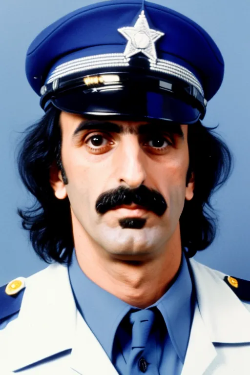 The image shows Frank Zappa, an American rock musician, singer, songwriter, composer, and record producer. He is wearing a blue police hat with a silver star on it. He is also wearing a white shirt and a blue tie. He has a mustache and long brown hair. He is looking at the camera with a serious expression.