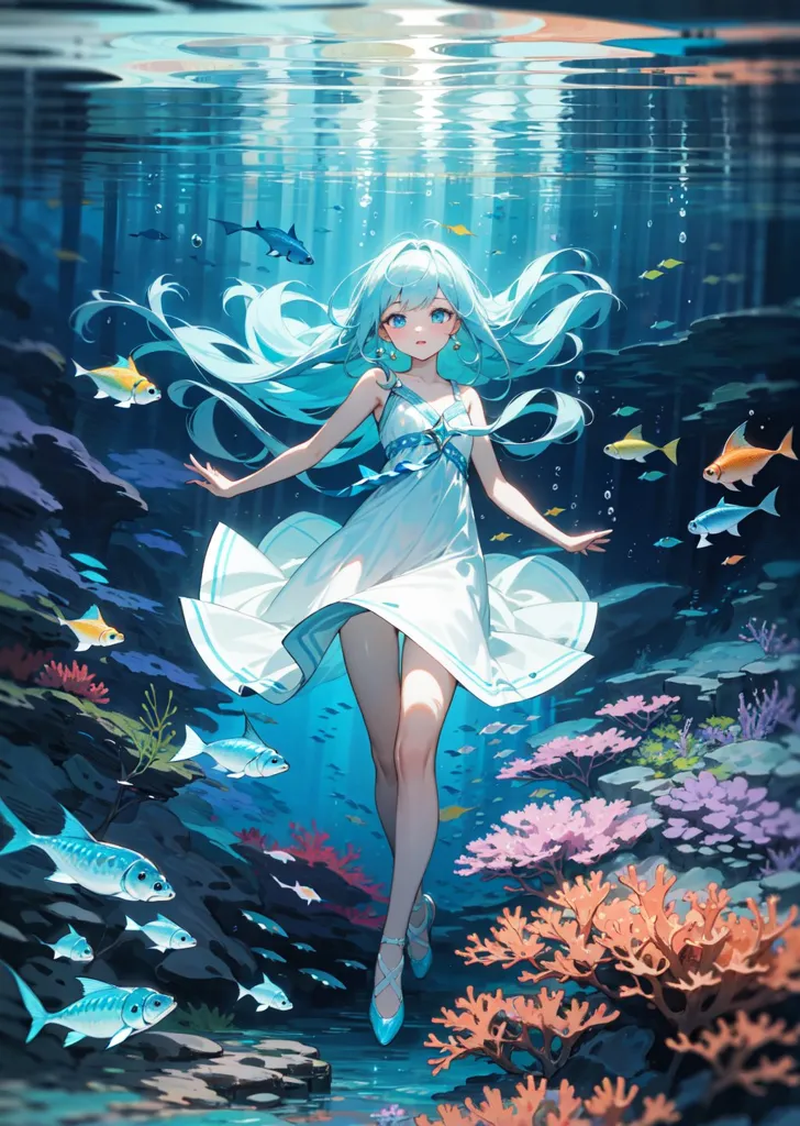 La imagen es una pintura de una niña con un vestido blanco nadando bajo el agua. Tiene el cabello azul largo y ondulante y ojos azules. Está rodeada de peces de colores y arrecifes de coral. El agua es clara y azul, y el sol brilla sobre ella. Está descalza y tiene una expresión serena en su rostro.