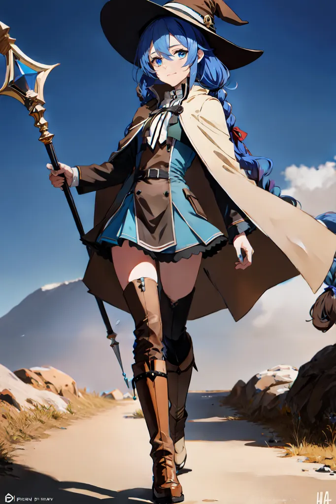 L'image représente une jeune femme aux longs cheveux bleus et aux yeux bleus. Elle porte une tenue marron et bleue avec un cape blanche et un chapeau marron. Elle tient un bâton dans sa main droite. Elle se tient debout dans un paysage désertique rocheux avec une montagne à l'horizon.