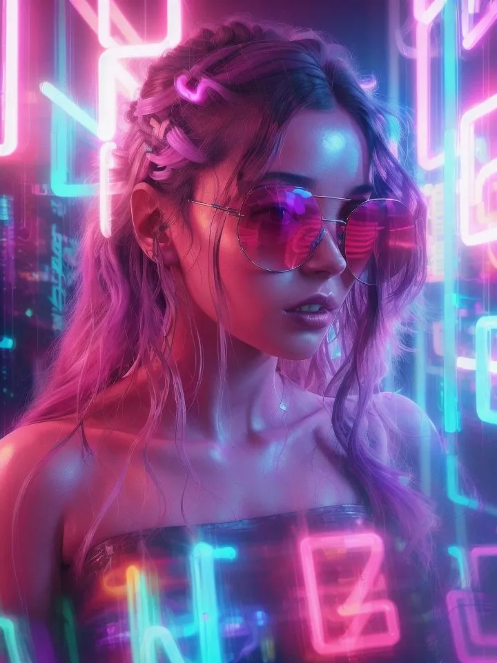 A imagem é de uma mulher jovem com cabelo rosa e óculos de sol. Ela está usando um top preto sem alças e está em pé em frente a um fundo neon colorido. O cabelo da mulher está penteado de uma forma futurista e ela está usando batom rosa. Seus olhos estão ligeiramente estreitados e ela está olhando para o espectador com uma expressão confiante. A imagem está ambientada em uma sala escura e as luzes de néon estão se refletindo na pele e no cabelo da mulher. A atmosfera geral da imagem é de mistério e intriga.