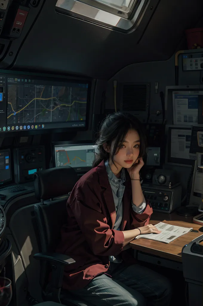 A young Asian woman is sitting in a dark room in front of a large desk. She is wearing a red blazer and a blue shirt. She has long dark hair. The room is full of electronic equipment. There are computer monitors, keyboards, and other devices. The woman is looking at a piece of paper. She has a thoughtful expression on her face.