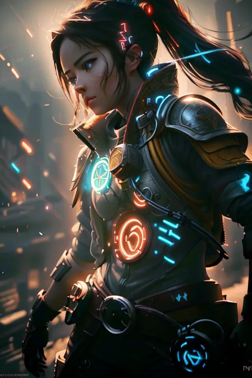 This is an image of a young woman standing in a dark, futuristic setting. She is wearing a black and gray outfit with blue and green glowing highlights. She has a ponytail, and her eyes are blue. She is looking to the side with a determined expression. There are glowing blue symbols on her outfit. She is standing in front of a dark background with a bright light on the left side of the image.