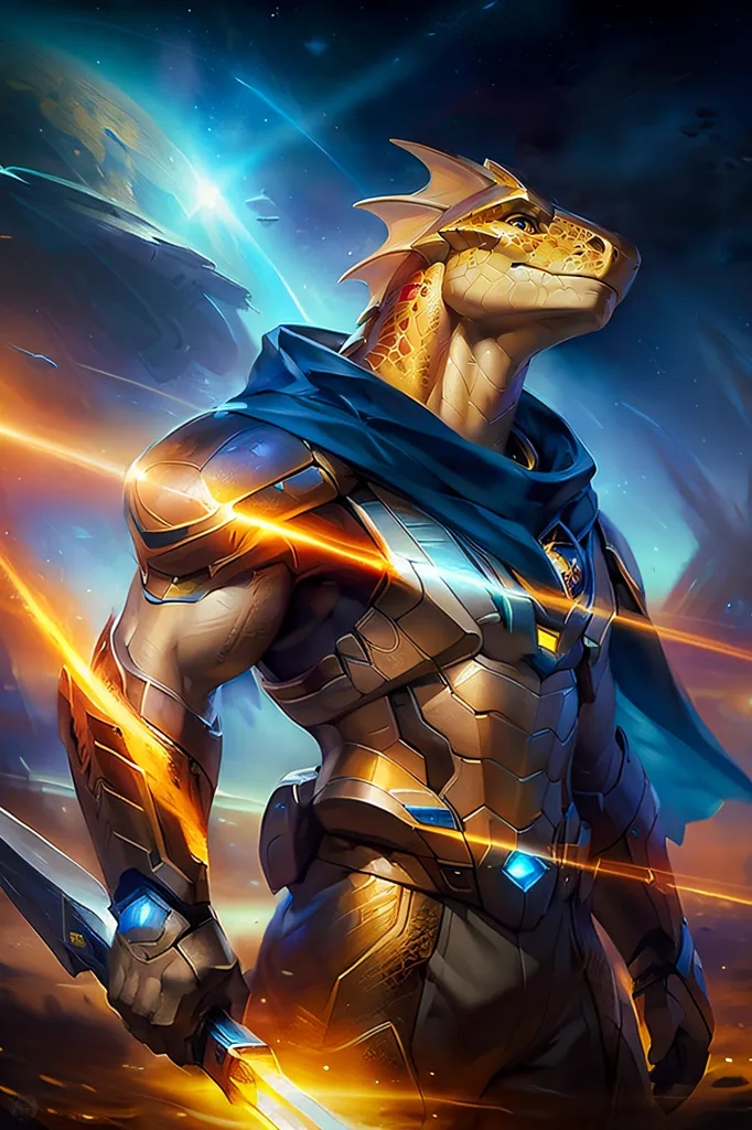 The image is a muscular, bipedal, reptilian humanoid wearing golden armor with blue accents. It has a long, serpentine tail and a head with a pronounced snout and a pair of horns. It is standing in a heroic pose, with one hand on its sword and the other raised in the air. It is surrounded by a blue and orange energy field. In the background, there is a spaceship.