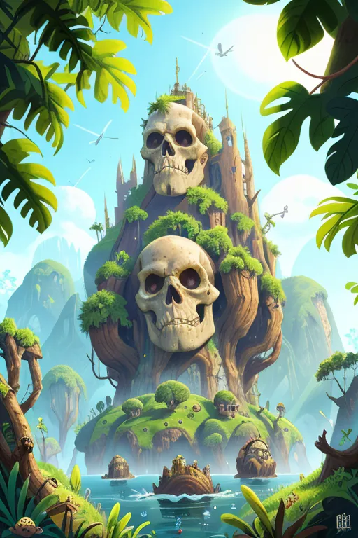 The image is a digital painting of a skull-shaped island. The island is covered in lush vegetation and there are two large skulls on top of the island. There is a body of water surrounding the island and there are some small boats on the water. The sky is blue and there are some clouds in the sky. There are some birds flying around the island.