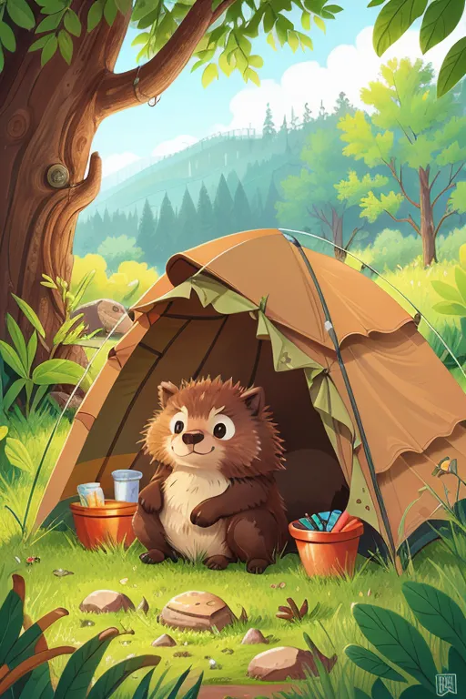 The image shows a cartoon wombat in a brown tent. The wombat is sitting on a green field and there are trees and mountains in the background. There are also some supplies outside of the tent, such as a lantern, a cup, and some art supplies. The wombat is smiling and looks happy.