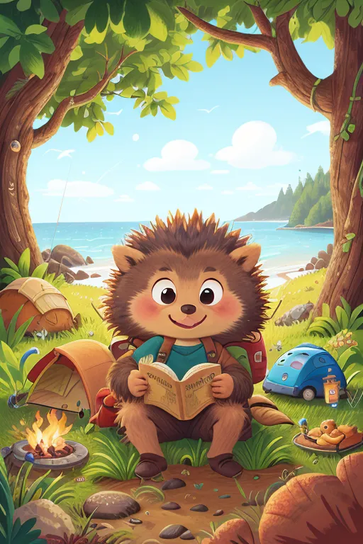 The image shows a cartoon illustration of a hedgehog in a forest near the sea. The hedgehog is sitting on a rock and reading a book. He is wearing a blue shirt and a brown backpack. There is a tent, a campfire, and a small blue car next to him. In the background, there is a large tree, a body of water, and some mountains.