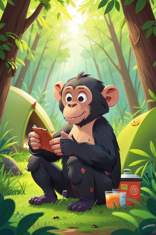 The image shows a chimpanzee sitting in a lush green forest. The chimpanzee is wearing a red hat and a yellow shirt and is holding a smartphone. There is a green tent in the background and a cooler full of drinks and a plate of cookies next to the chimpanzee. The chimpanzee has a big smile on its face and looks very happy.