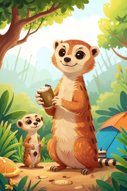 The image shows a cartoon meerkat standing on the ground in front of a tent. The meerkat is holding a cup of coffee in its right hand. There is a smaller meerkat standing to the left of the larger one, looking up at the adult meerkat. There is a tree with green leaves in the background and a blue tent to the right of the meerkats. There are also some green plants and orange slices on the ground.