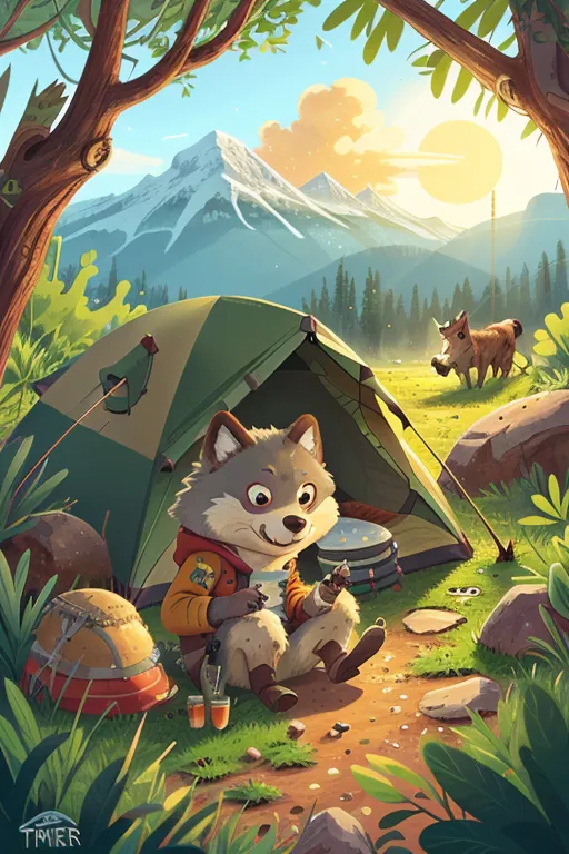 The image shows a cartoon wolf wearing a brown vest and a green backpack sitting on the ground in front of a tent. The wolf has a cup in its hands and seems to be enjoying the view. There is a mountain in the distance and a warthog walking around behind the tent. The sun is setting and the sky is turning into a beautiful shade of orange.