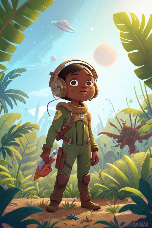 This is a picture of a young astronaut girl standing on a lush alien planet. She is wearing a green spacesuit and brown boots. She has a gun in her right hand. There are two moons and a spaceship in the sky. The planet is covered in green vegetation.