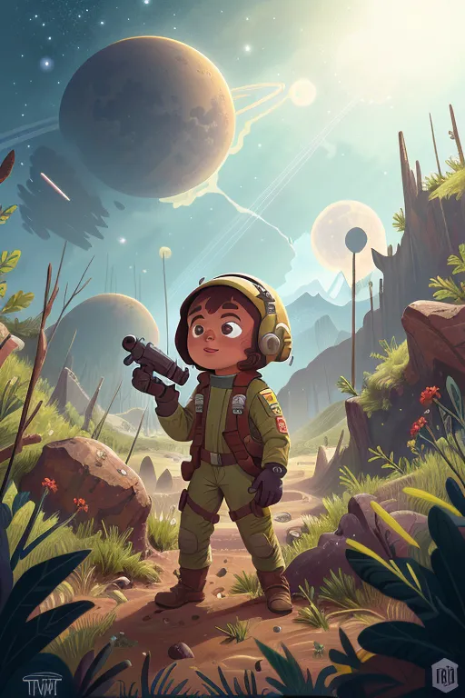 The image shows a young boy in a green spacesuit standing on a rocky moon or planetary landscape. He is wearing a helmet and carrying a gun. In the background, there are large rocks and mountains, as well as two moons or planets in the sky. The ground is covered in green and red plants.