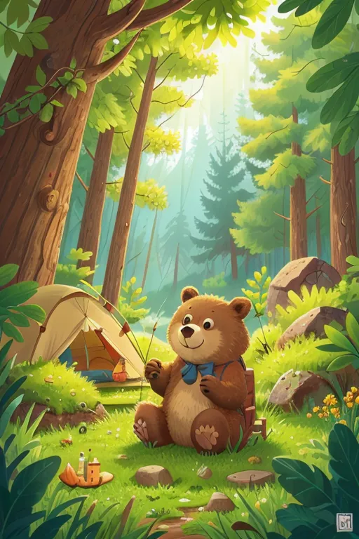 The image is a cartoon illustration of a bear in the woods. The bear is sitting on the grass in front of a tent. He is wearing a blue bow tie and has a backpack on his back. He is holding a fishing pole in his right paw and there is a small fishbowl with a fish in it on the ground in front of him. There are trees and bushes all around the tent. The sun is shining through the trees. The image is very colorful and has a lot of detail.