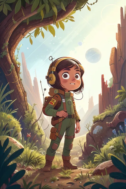 Esta é uma imagem de uma jovem garota em pé em uma exuberante floresta alienígena. Ela está usando um macacão espacial verde com uma mochila marrom e fones de ouvido. Ela tem um olhar determinado no rosto e carrega um grande bastão em sua mão direita. A floresta está cheia de plantas e criaturas estranhas. Há uma grande árvore com folhas verdes e flores rosas ao fundo. Também há uma lua azul no céu. A garota está em pé em um caminho que se estende ao longe.