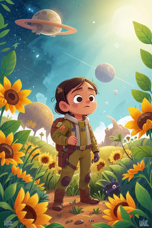 The image is of a young girl standing in a field of sunflowers. She is wearing a green spacesuit with a brown utility belt and brown boots. She has a backpack on her back and a sunflower in her hair. She is looking up at the sky, where there are two planets and a moon. The girl is smiling and looks happy. The image is drawn in a cartoon style and the colors are bright and vibrant.