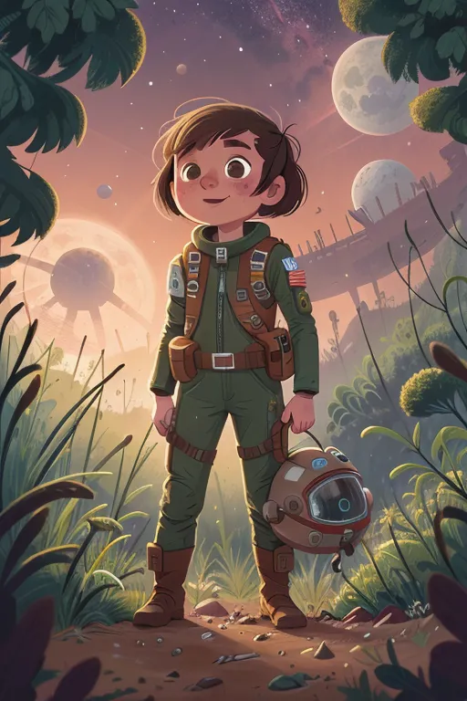 The image shows a young girl in a green spacesuit with her helmet under her arm standing in a lush green field. There are several moons in the sky and a planet with rings can be seen in the distance. The girl has short brown hair and brown eyes. She is smiling.