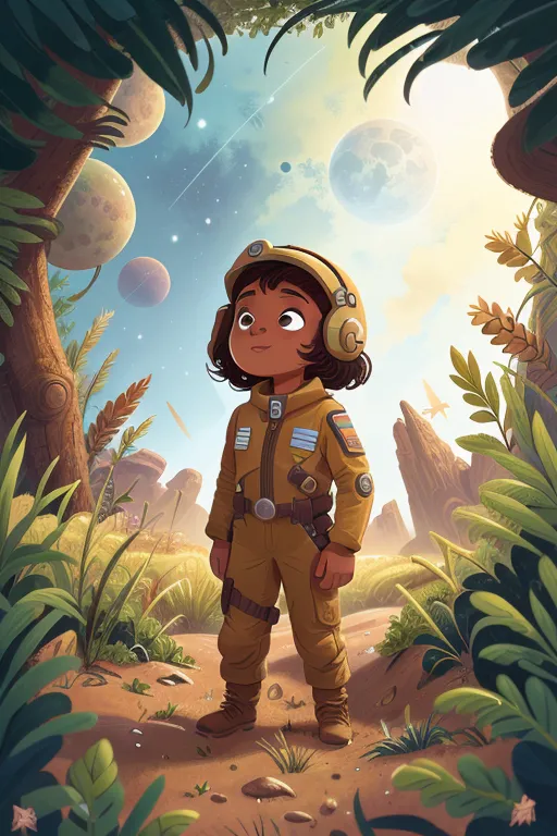 Ceci est une image d'une jeune fille debout sur une planète inconnue pour nous. Elle porte une combinaison spatiale jaune avec un casque à bulle transparente. La planète est recouverte de plantes étranges et il y a deux lunes dans le ciel. La fille lève les yeux vers les lunes avec un regard empli de fascination.