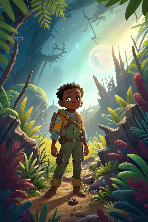 The image is of a Black boy standing in a lush forest on an alien planet. The boy is wearing a green shirt and brown pants. He has a backpack on his back and a determined look on his face. The forest is full of tall trees, green plants, and strange flowers. There is a large moon in the sky and a ruined city in the distance. The boy is holding a strange device in his hand. He looks as if he is on an adventure.