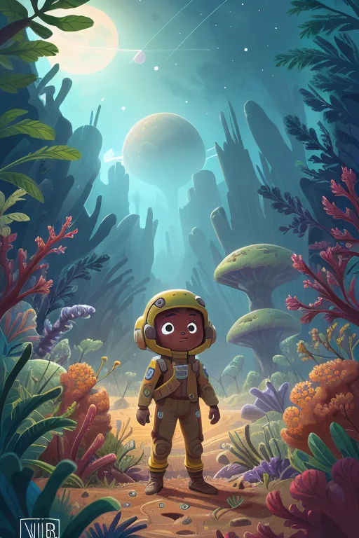 The image is of a young astronaut standing on a strange planet. The astronaut is wearing a yellow and brown spacesuit with a clear bubble helmet. The planet is covered in lush vegetation. There are tall, pink plants resembling coral and large mushrooms. In the background, there is a large moon and a starry sky.