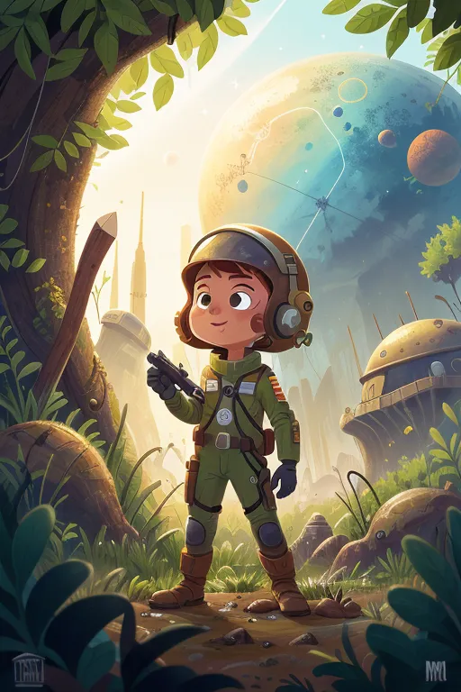 The image is of a young girl in a green spacesuit with a helmet and a gun standing in a lush forest on an alien planet. There are large mushrooms and other strange plants in the background. The girl is looking at something off-camera with a determined expression on her face.